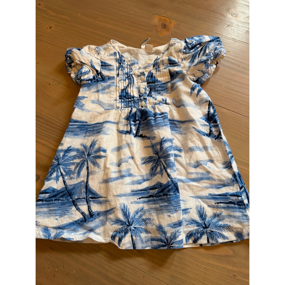 K13 Janie and Jack Toddler Girls Blue White Palm Tree Tropical Pintuck Dress 2T